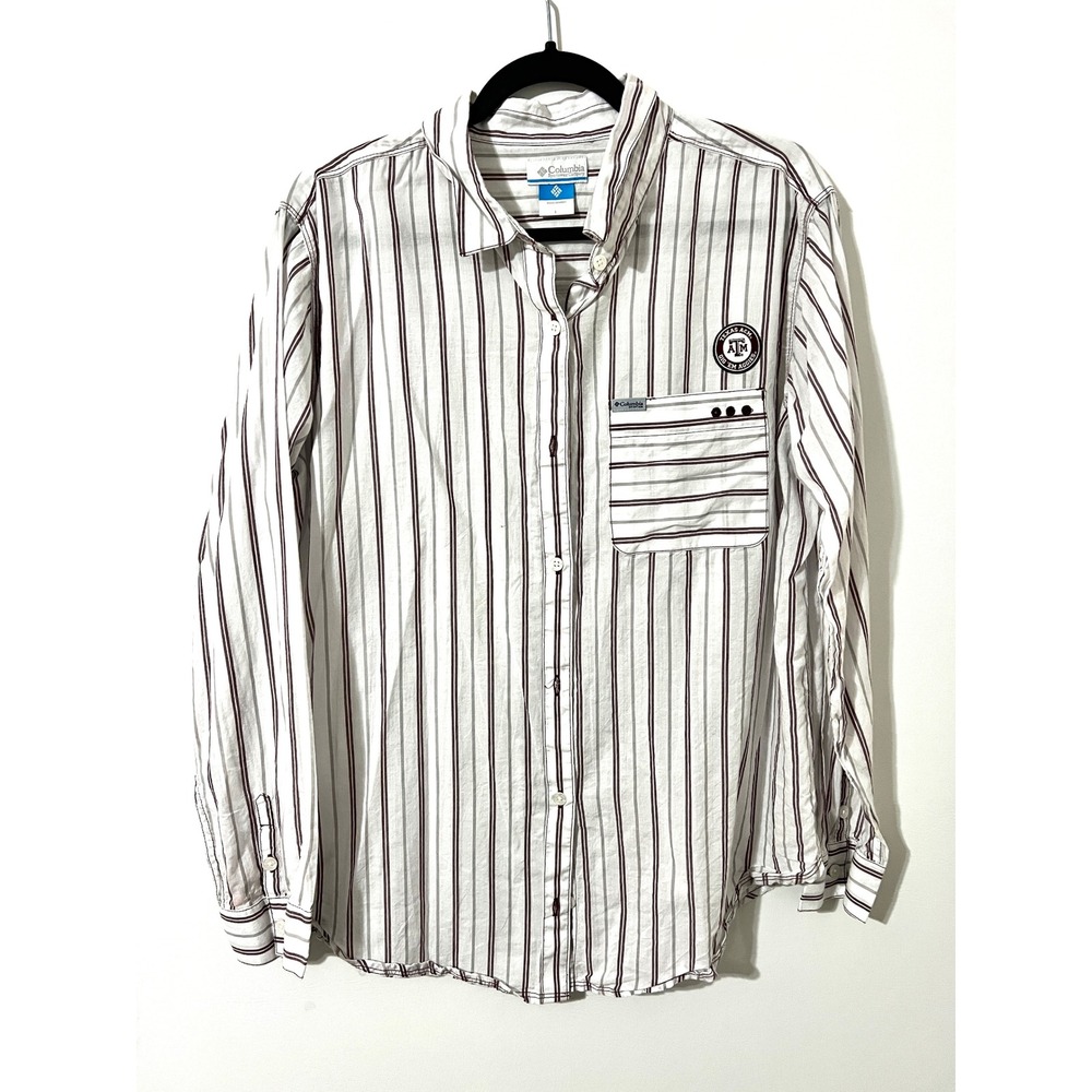 COLUMBIA‎ White Striped Button Up Excellent Texas A&M PFG Fishing Shirt Large